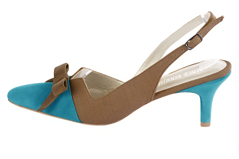 Turquoise blue and chocolate brown women's open back shoes, with a knot. Tapered toe. Medium slim heel. Profile view - Florence KOOIJMAN